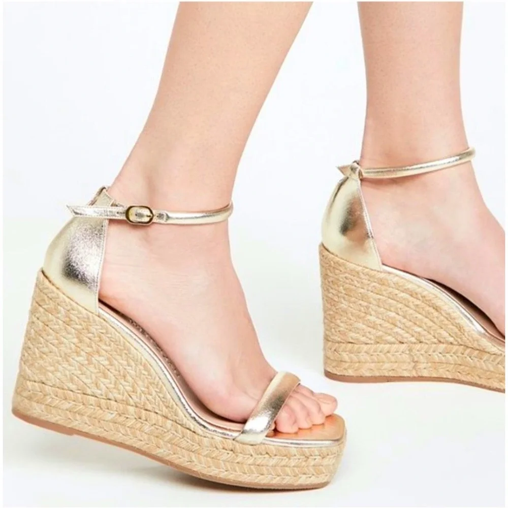 Stuart‎ Weitzman Wedge Sandals Gold Metallic Ankle Strap Espadrille Platform